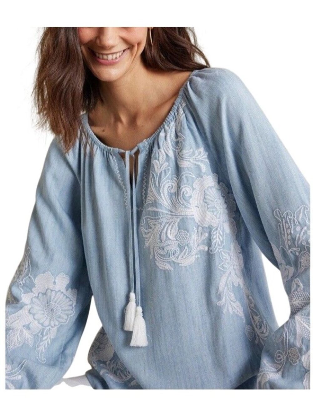 Soft Surroundings Womens Size M Womens Top Diya Embroidered Tunic Blue White NEW - Picture 2 of 8